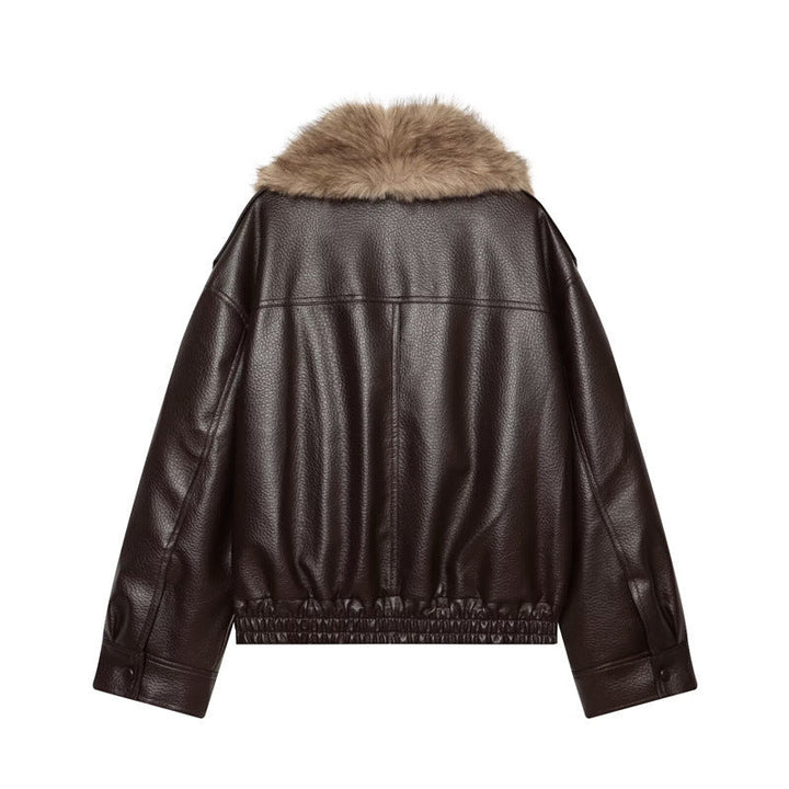 Women’s short-cut leather jacket with full fur collar and elastic hem