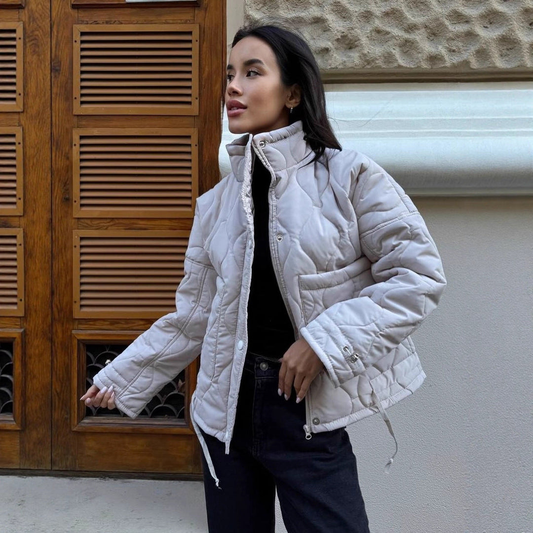 Women Short Cut Quilted Padded Jacket with Stand Collar