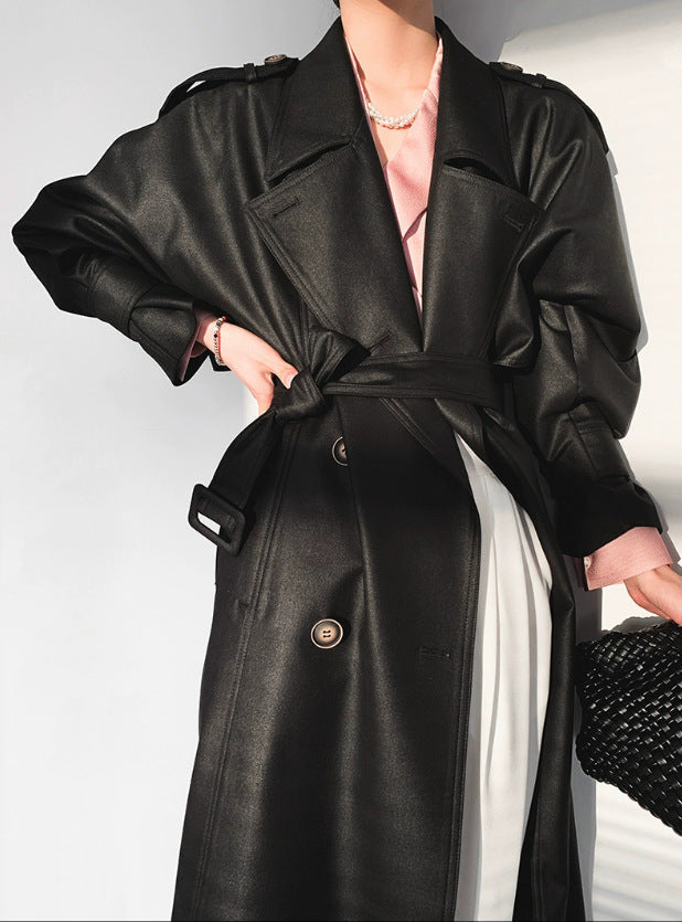 Women Fashionable Faux Leather Trench Coat