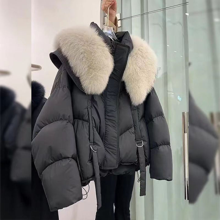 Ladies nano short thermo puffer jacket with detachable faux fur collar, high closing stand-up collar, and drawstring hem