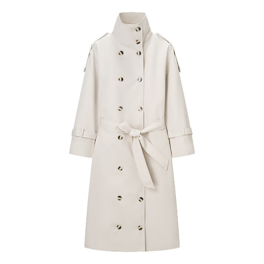 Women Longer double-breasted trench coat with high stand-up collar and waist belt