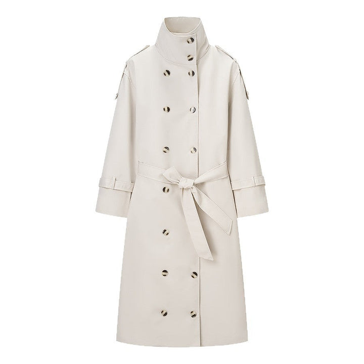 Women Longer double-breasted trench coat with high stand-up collar and waist belt