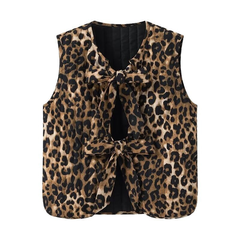Women Sleeveless Leopard Print Vest with Ties and Textured Surface