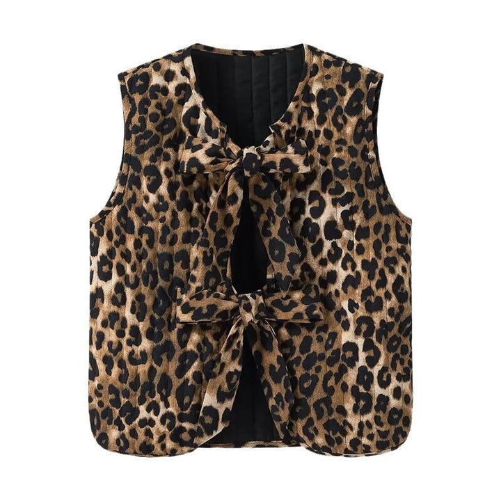 Women Sleeveless Leopard Print Vest with Ties and Textured Surface