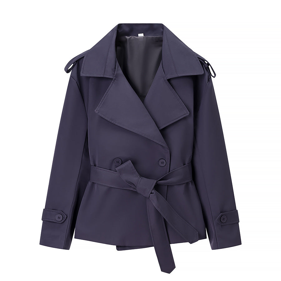 Women Short Trench Coat with dropped shoulders, large lapel collar and wrap belt