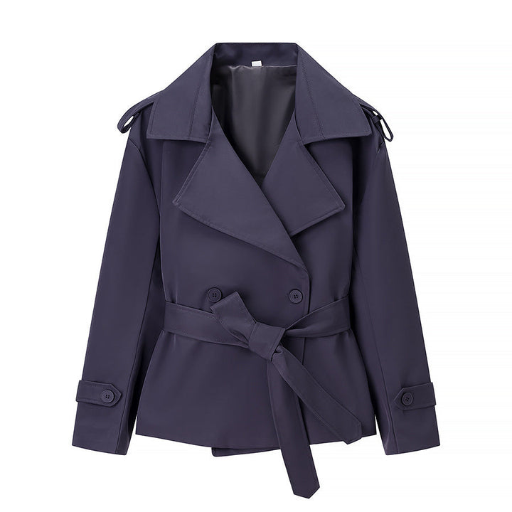 Women Short Trench Coat with dropped shoulders, large lapel collar and wrap belt