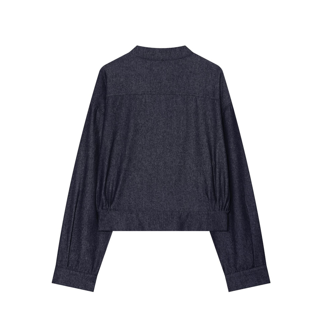 Women Cropped Denim Jacket with Stand Collar and Chinese Toggle Closures