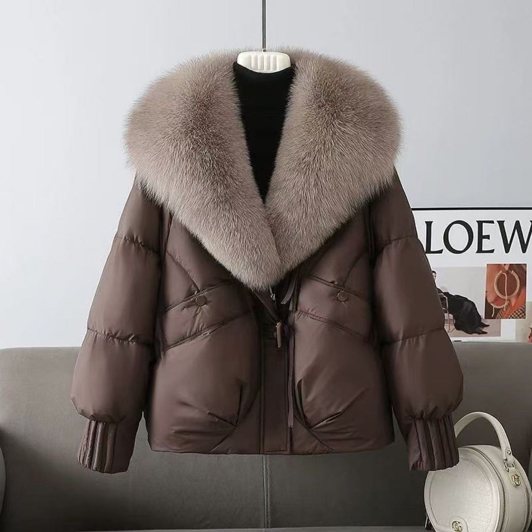 Women nan short padded jacket with voluminous faux fur collar and waist draw