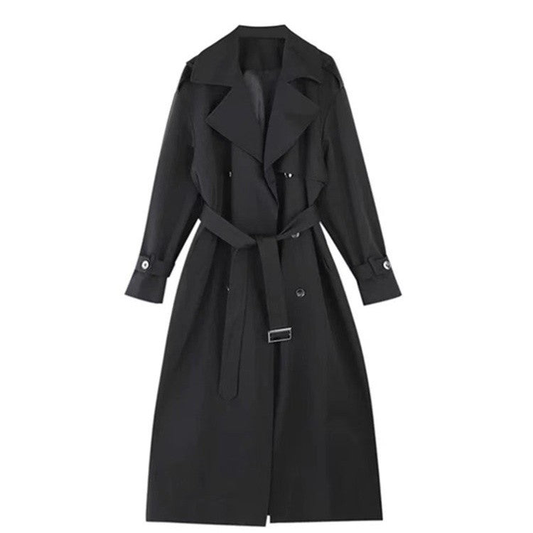 Women Long Double-Breasted Trench Coat with Shawl Collar, Oversized Cut and Concealed Waistband