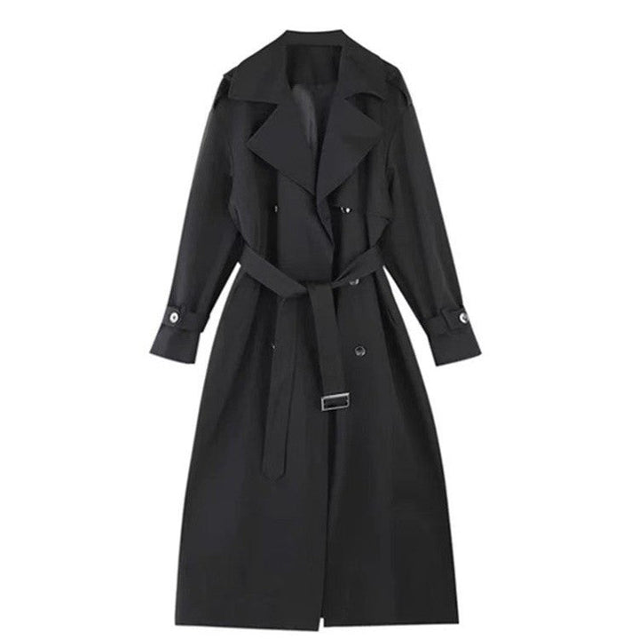 Women Long Double-Breasted Trench Coat with Shawl Collar, Oversized Cut and Concealed Waistband