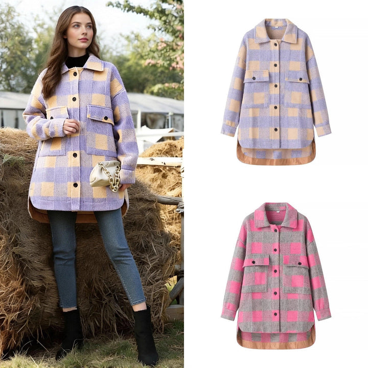 Women Oversize Checked Shirt Jacket with Applied Flap Pockets and Extended Hem