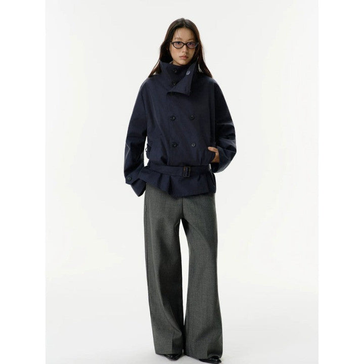 Women Short Jacket in Trench Style with Double-Breasted Button Placket, Waist Belt, and Stand-Up Collar