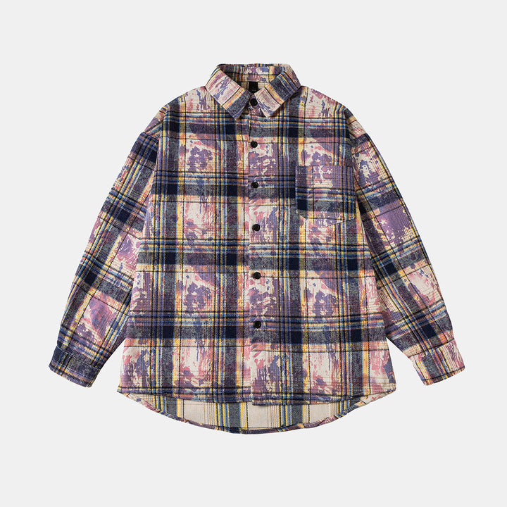 Unisex Overshirt Shirt Jacket in checked cotton blend with artistic paint effect