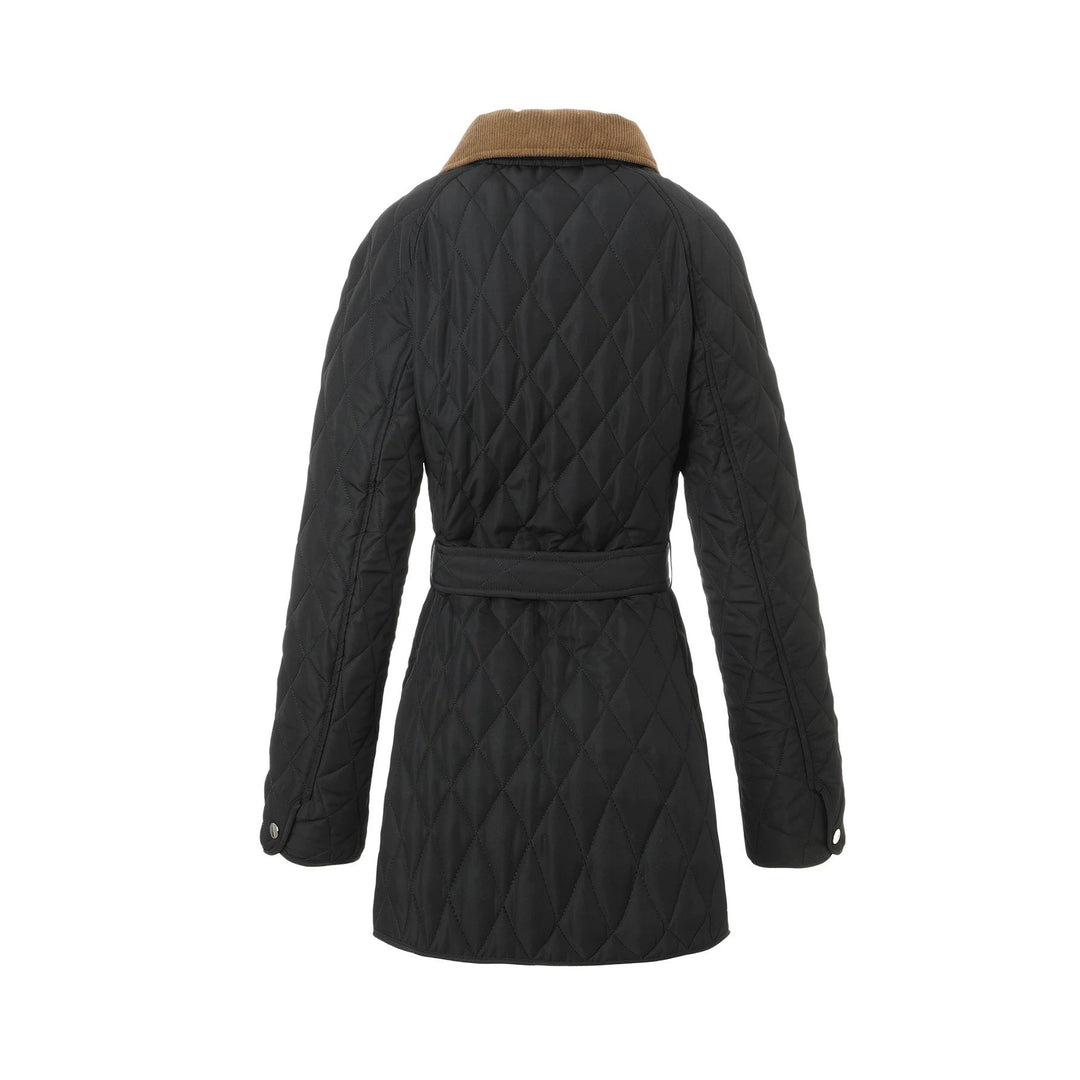 Women Long Padded Jacket-Coat with Tailored Belt and Contrast Cord Collar