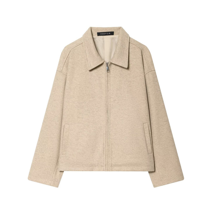 Women Boxy Wool Blend Blouson Jacket with Zip and Shirt Collar