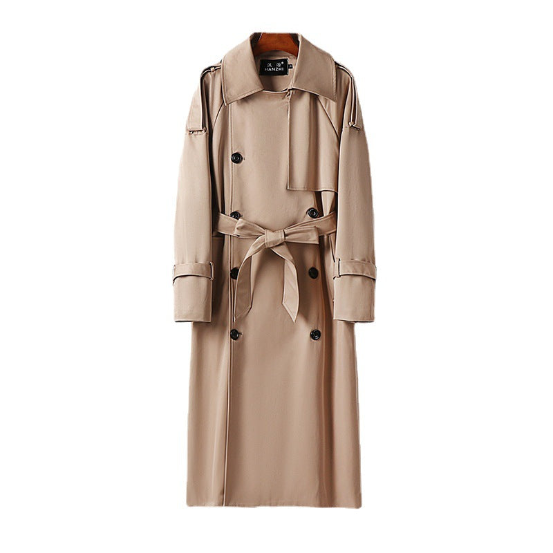 Women Longer Double-breasted Trench Coat with Tie Belt and Epaulettes