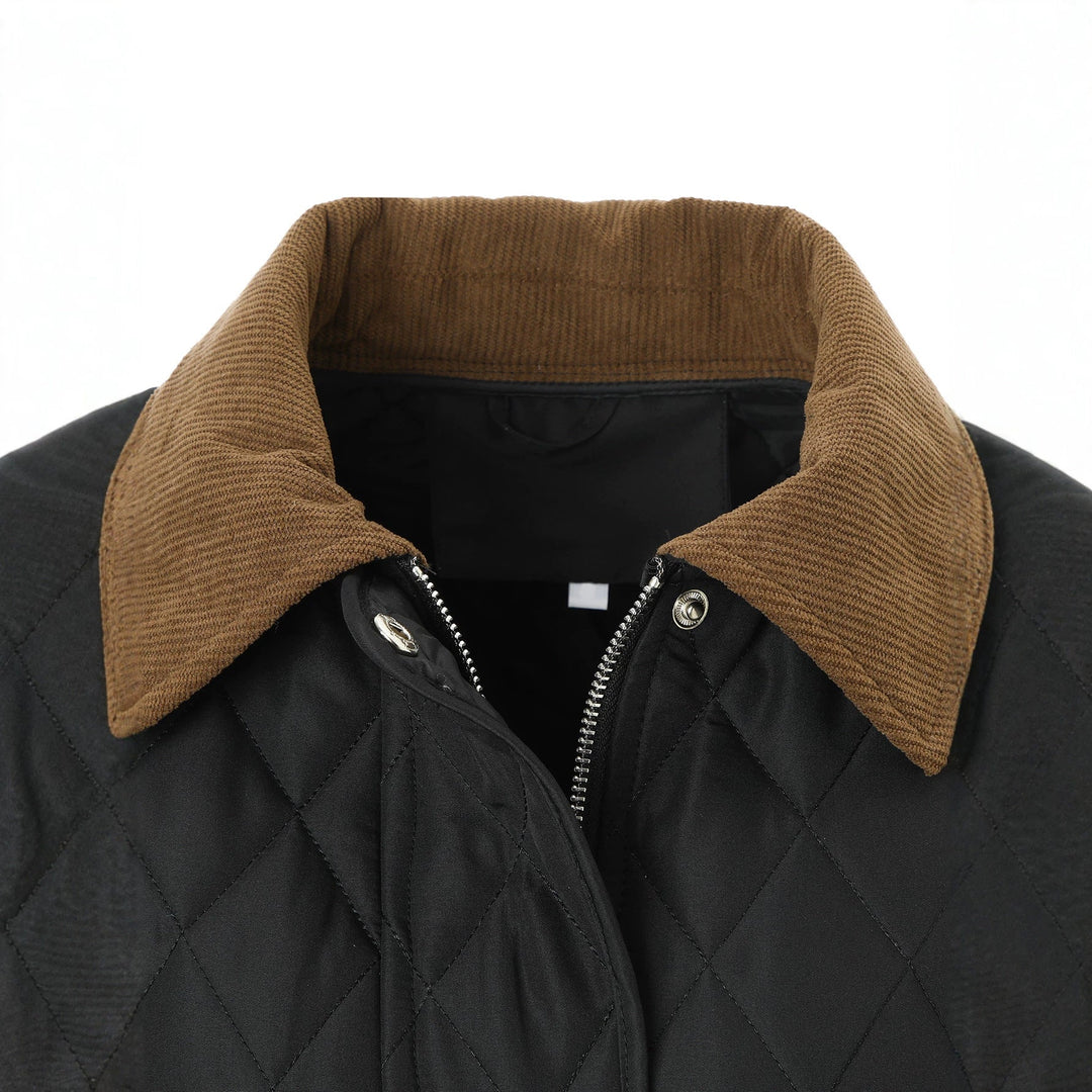 Women Long Padded Jacket-Coat with Tailored Belt and Contrast Cord Collar