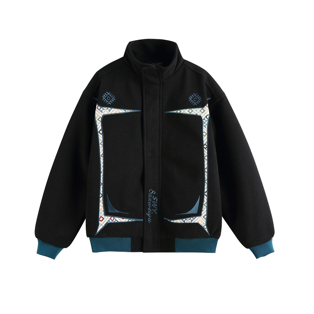 Women Lightweight Stand Collar Jacket with Folk Embroidery Appliqués and Ribbed Cuffs
