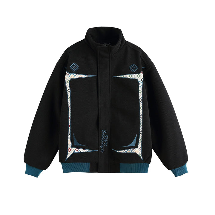 Women Lightweight Stand Collar Jacket with Folk Embroidery Appliqués and Ribbed Cuffs