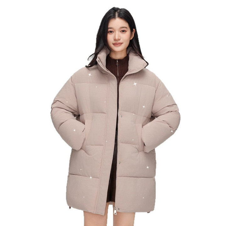 Women’s mid-length quilted short coat with high stand-up collar, subtle glitter quilting, and light thermal insulation