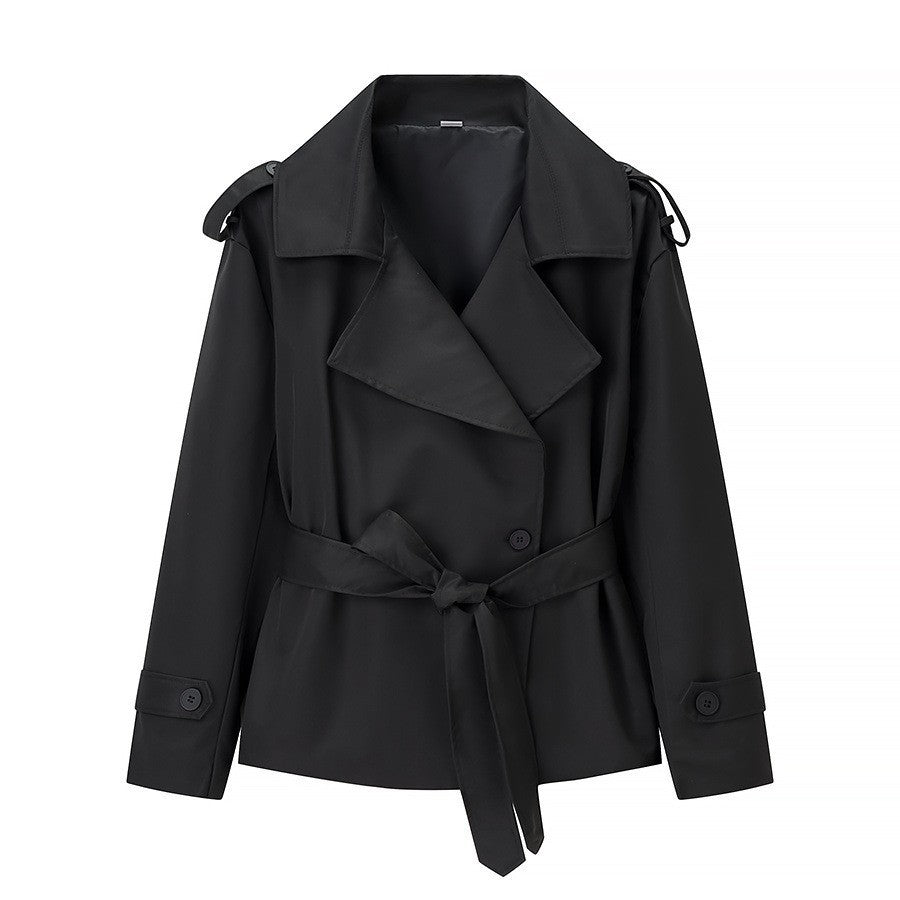 Women Tailored Short Trench Coat with Tie Belt and Epaulettes