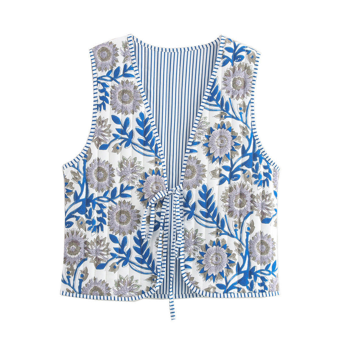 Ladies Quilted Waistcoat with Toile Print, Striped Lining and Drawstring