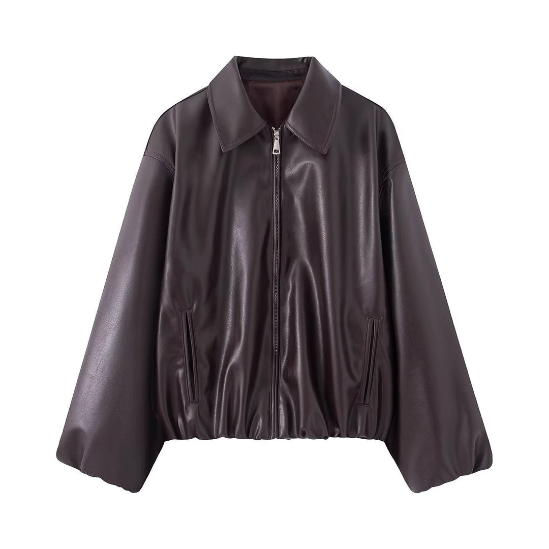 Women Oversize Faux Leather Blouson with Zip and Elastic Hem