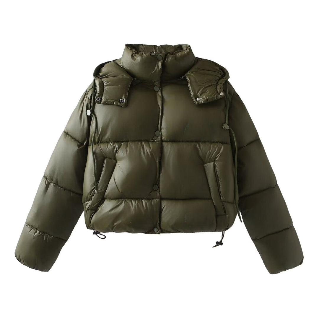 Women Shiny Cropped Puffer Jacket with Drawstring and Snap Button Placket