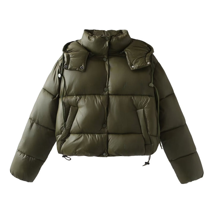 Women Shiny Cropped Puffer Jacket with Drawstring and Snap Button Placket