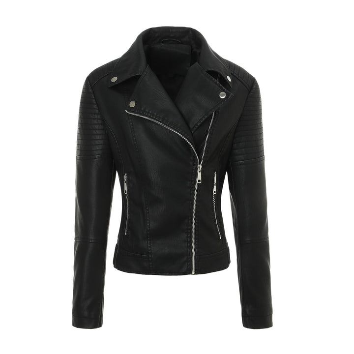 Ladies Tailored Biker Jacket made of Leatherette with Quilted Shoulder Area and Asymmetrical Zip