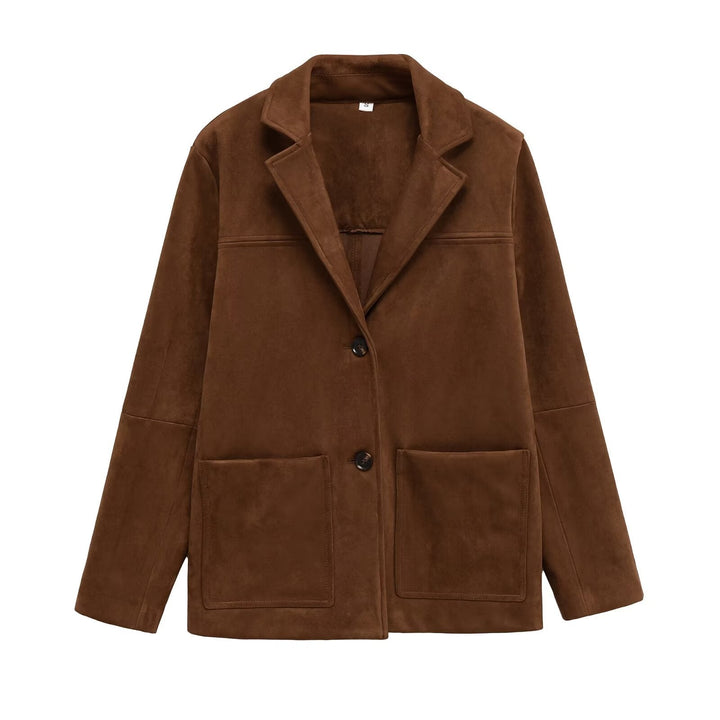 Women Short Suede-Look Coat with Notched Collar and Applied Pockets