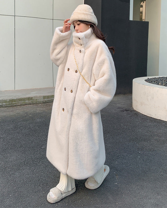 Collar Double Breasted faux mink Fur long coat