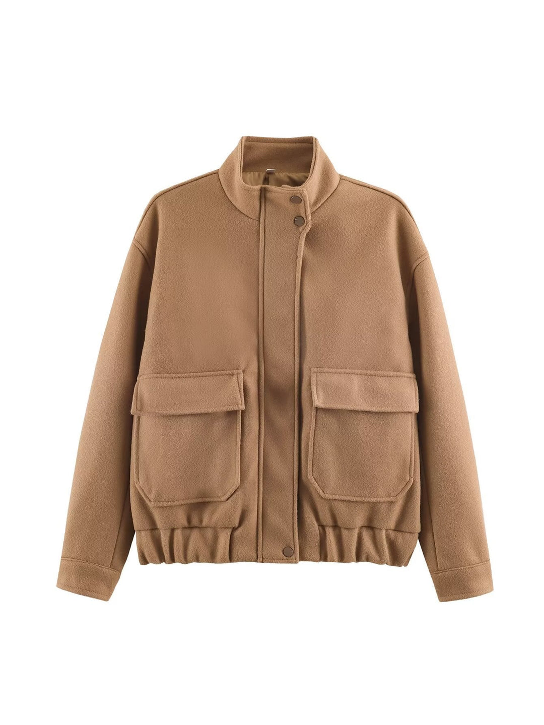Ladies Boxy Wool Blend Blouson Jacket with Stand-Up Collar, Large Flap Pockets and Elastic Hem