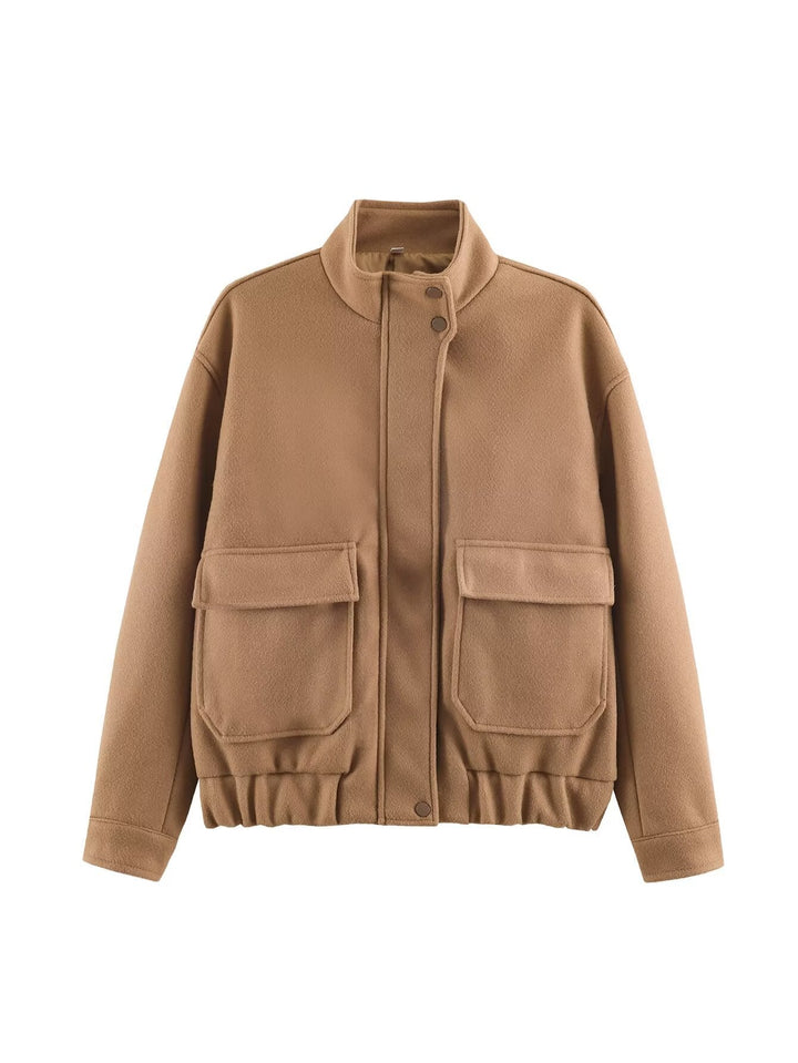 Ladies Boxy Wool Blend Blouson Jacket with Stand-Up Collar, Large Flap Pockets and Elastic Hem