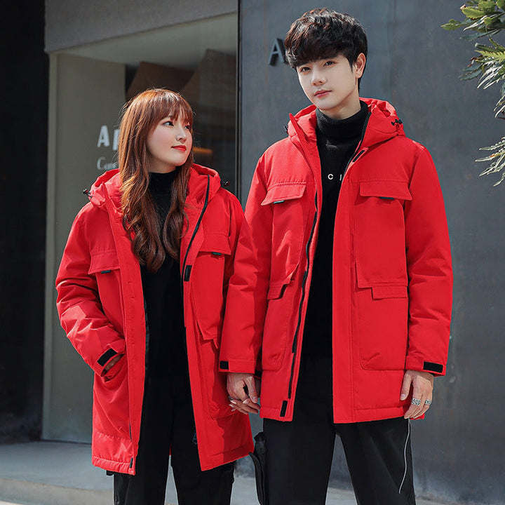 Unisex Padded Long Parka with Hood Multi-Pockets and Windproof Thermal Insulation