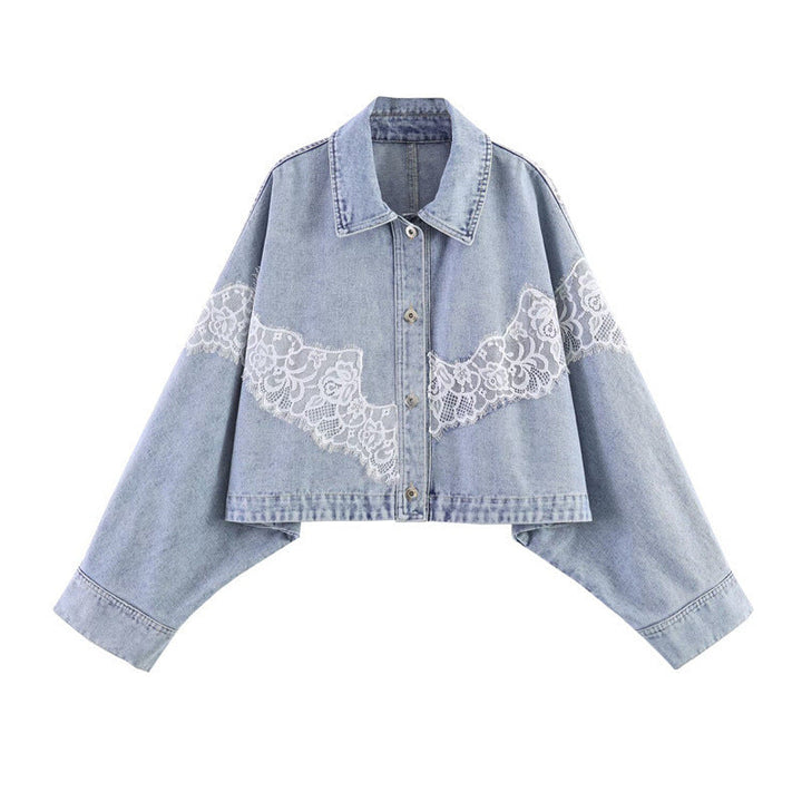 Women cropped denim jacket with lace trim and dropped shoulder