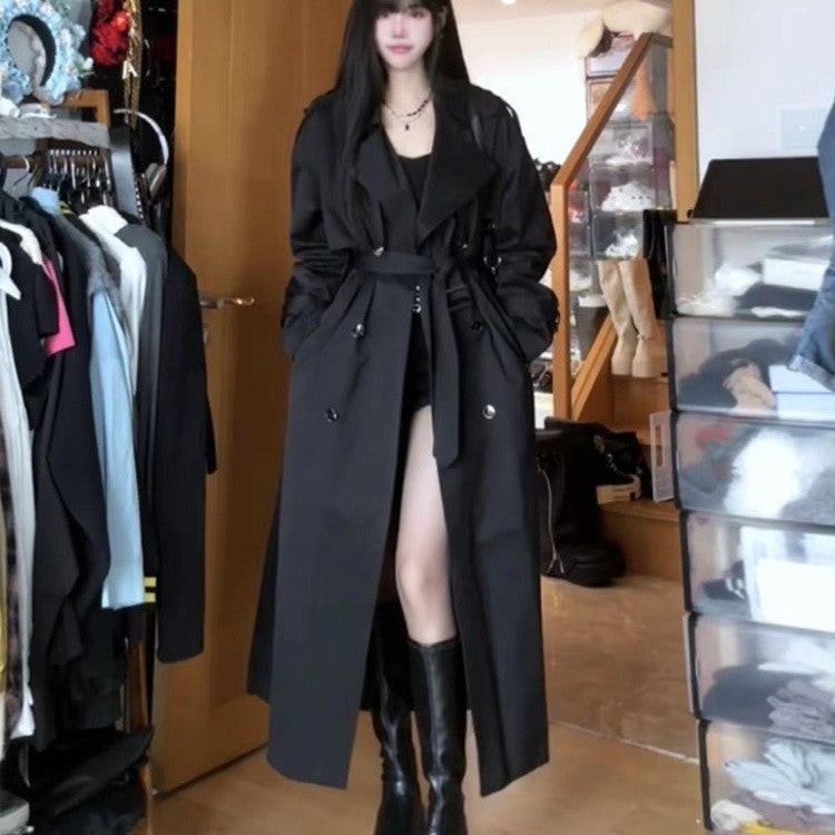 Women Long Double-Breasted Trench Coat with Shawl Collar, Oversized Cut and Concealed Waistband