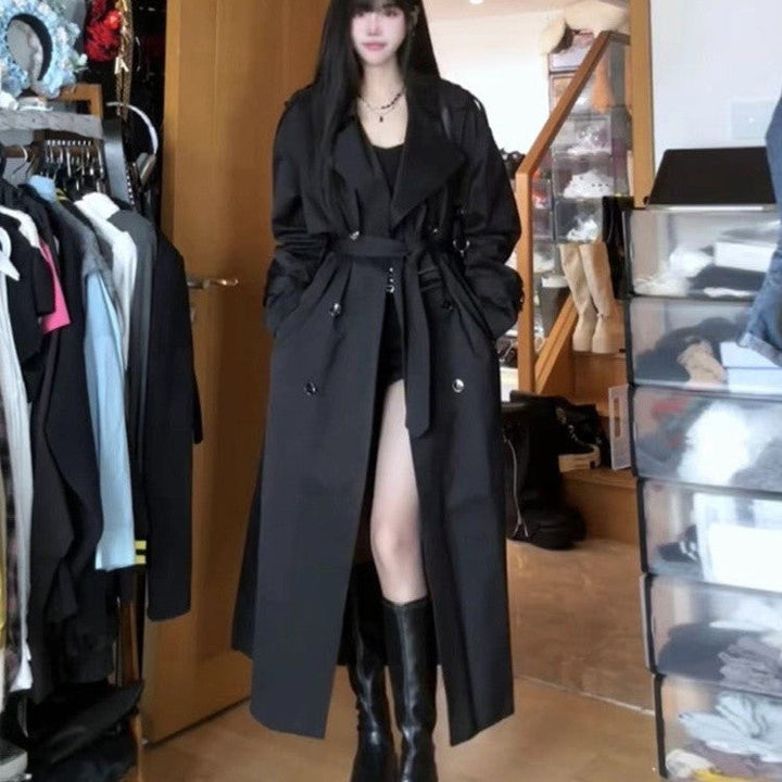 Women Long Double-Breasted Trench Coat with Shawl Collar, Oversized Cut and Concealed Waistband