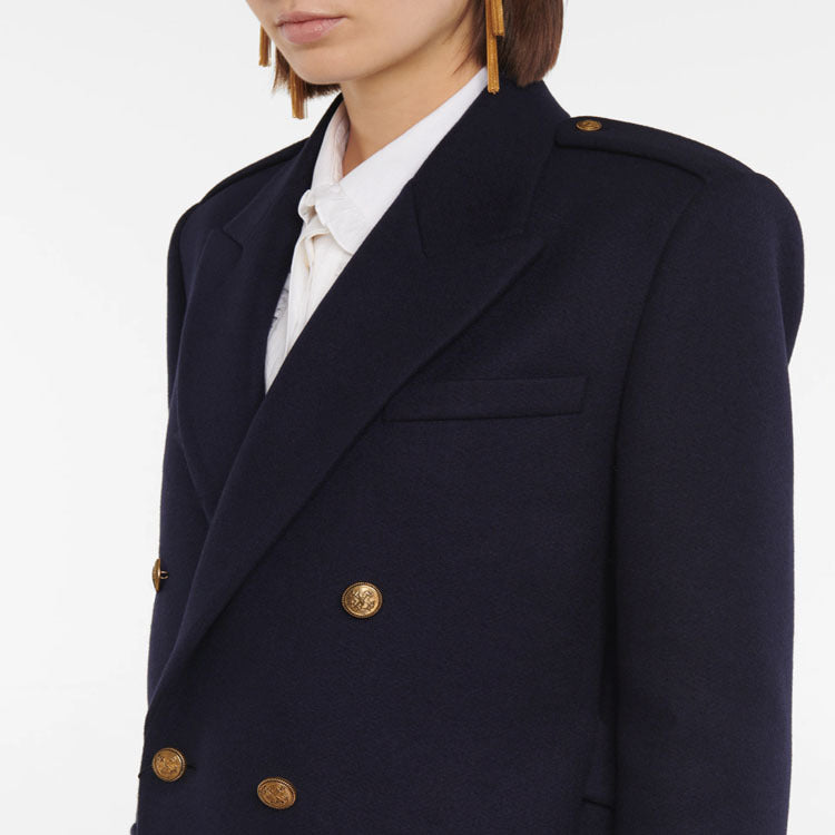 Women Double-breasted Wool Blend Long Coat with Epaulettes and Structured Tailoring Silhouette