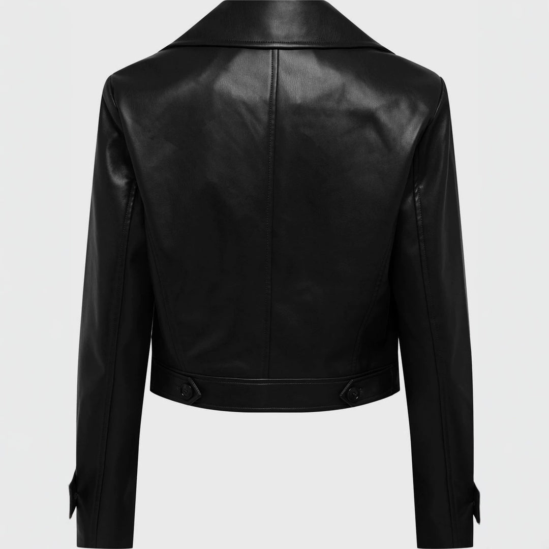 Women short cut double-breasted leather jacket with wide lapels