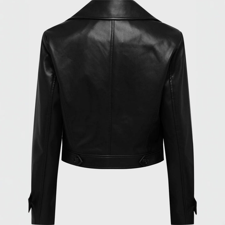 Women short cut double-breasted leather jacket with wide lapels