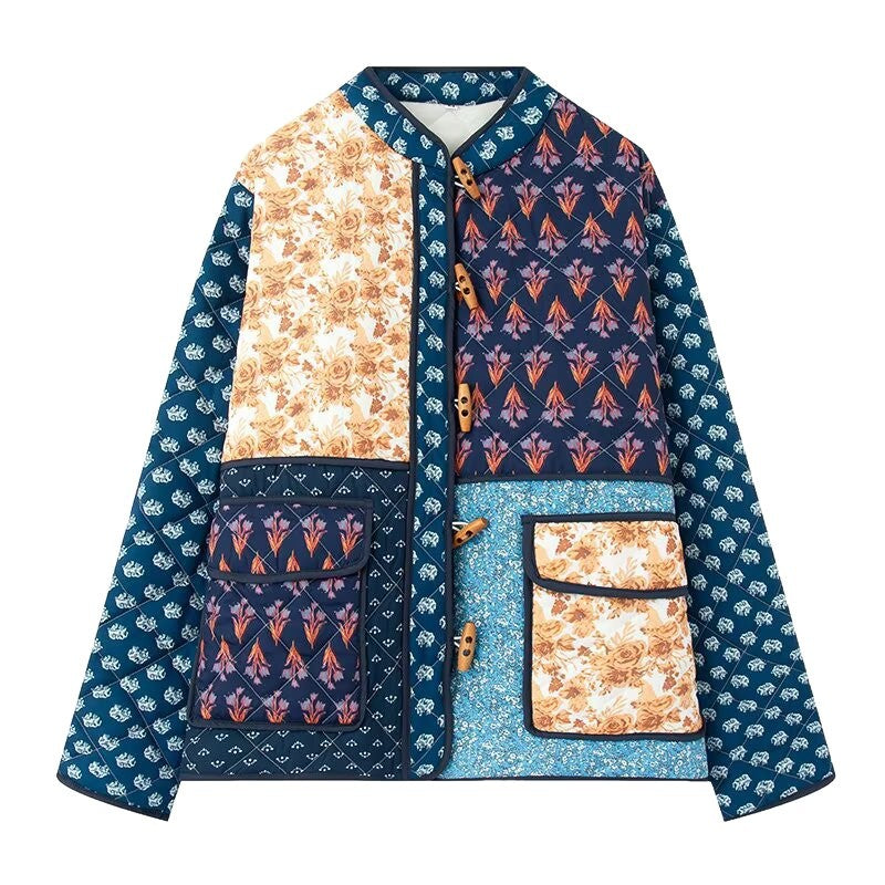 Women Padded Patchwork Quilted Jacket with Toggle Closures and Patch Pockets