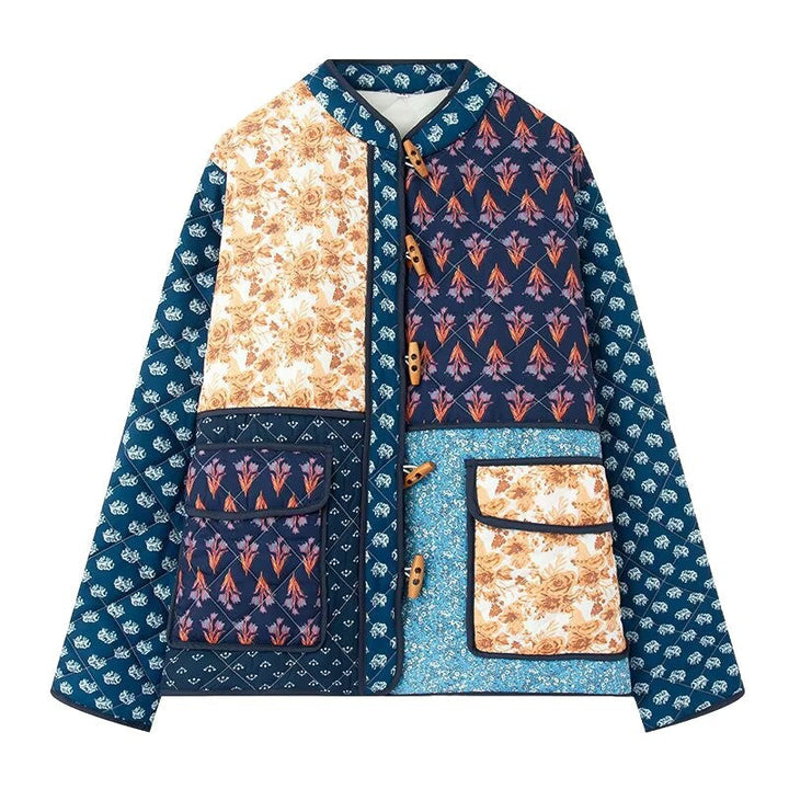 Women Padded Patchwork Quilted Jacket with Toggle Closures and Patch Pockets