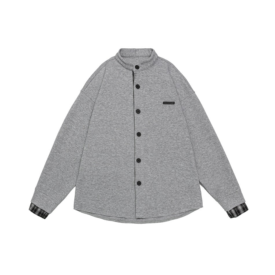 Unisex Oversized Shirt Jacket in Sweat Overlay with Stand-Up Collar and Checkered Inner Cuff