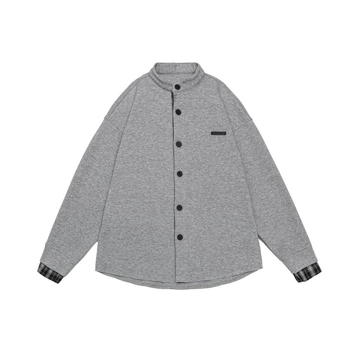 Unisex Oversized Shirt Jacket in Sweat Overlay with Stand-Up Collar and Checkered Inner Cuff