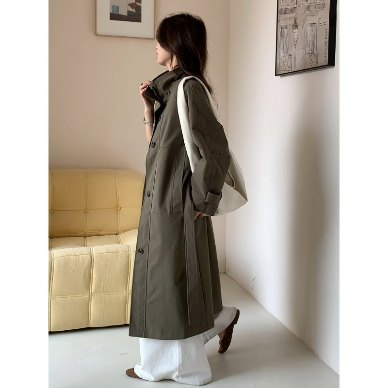 Women Lightweight Oversized Trench Coat with Stand Collar and Large Pockets