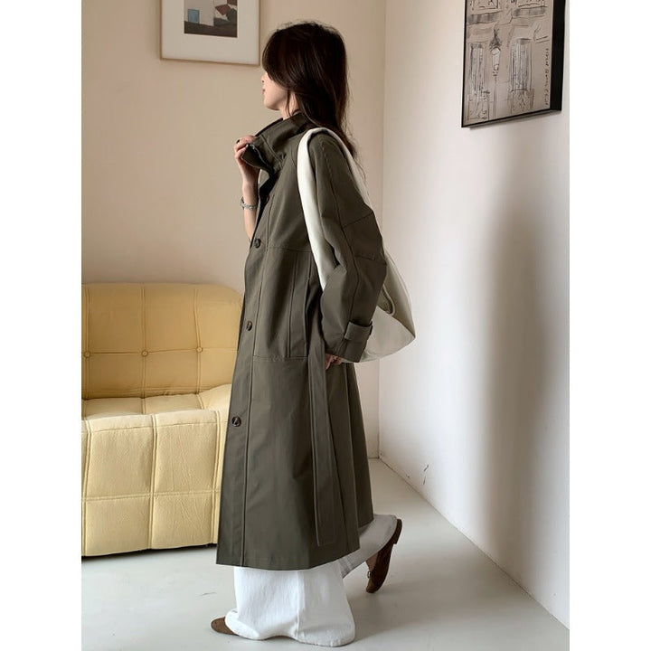Women Lightweight Oversized Trench Coat with Stand Collar and Large Pockets