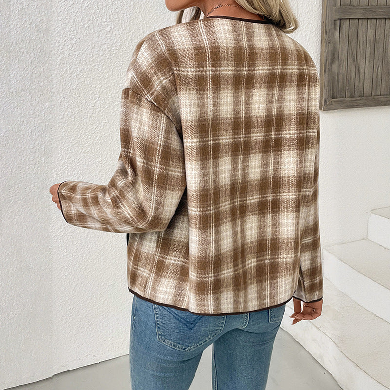 Ladies Checked Transitional Jacket with Round Neck, Contrast Trim and Button Placket