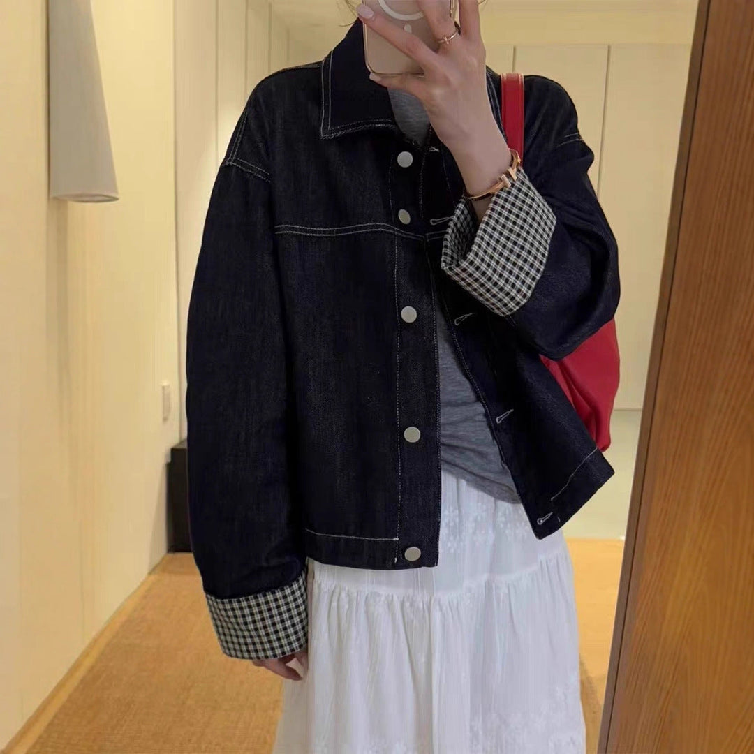 Women Oversized Denim Jacket with Contrasting Check Lining and Cuff Roll