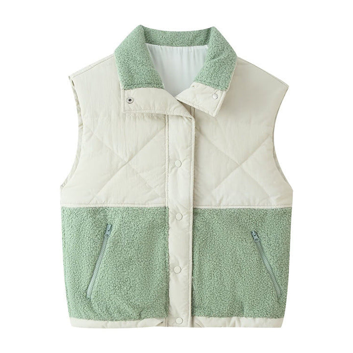 Ladies quilted vest with teddy fleece insert, stand-up collar and zip pockets